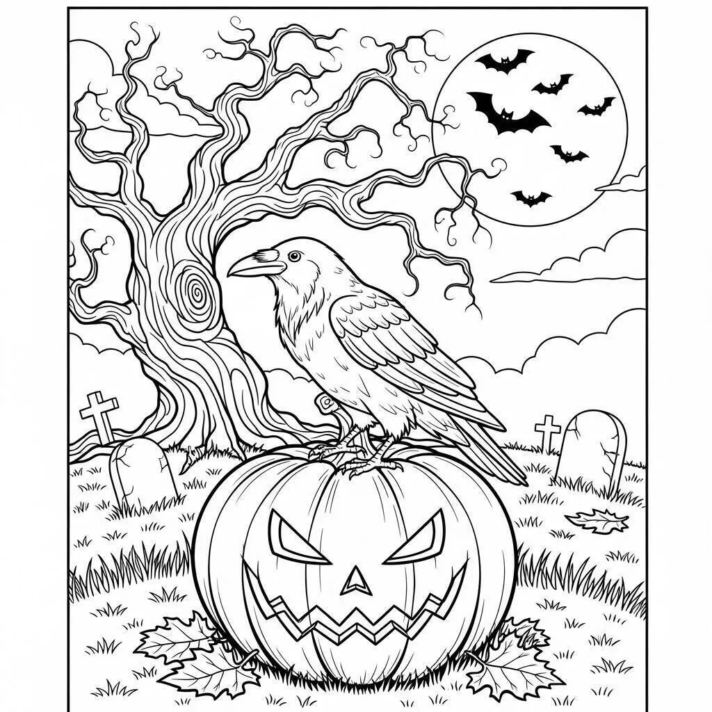 Página para colorear de Víspera de Todos los Santos con cuervo y calabaza