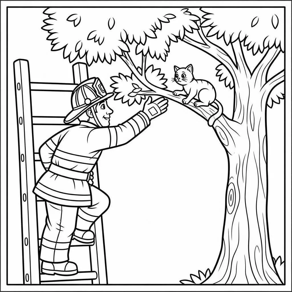 Desenho de Bombeiro Resgatando Gatinho na Árvore para Colorir