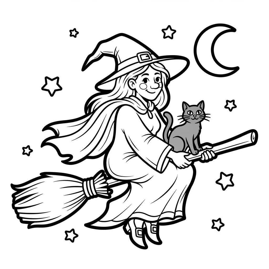 Página para colorear de Víspera de Todos los Santos con bruja y gato negro
