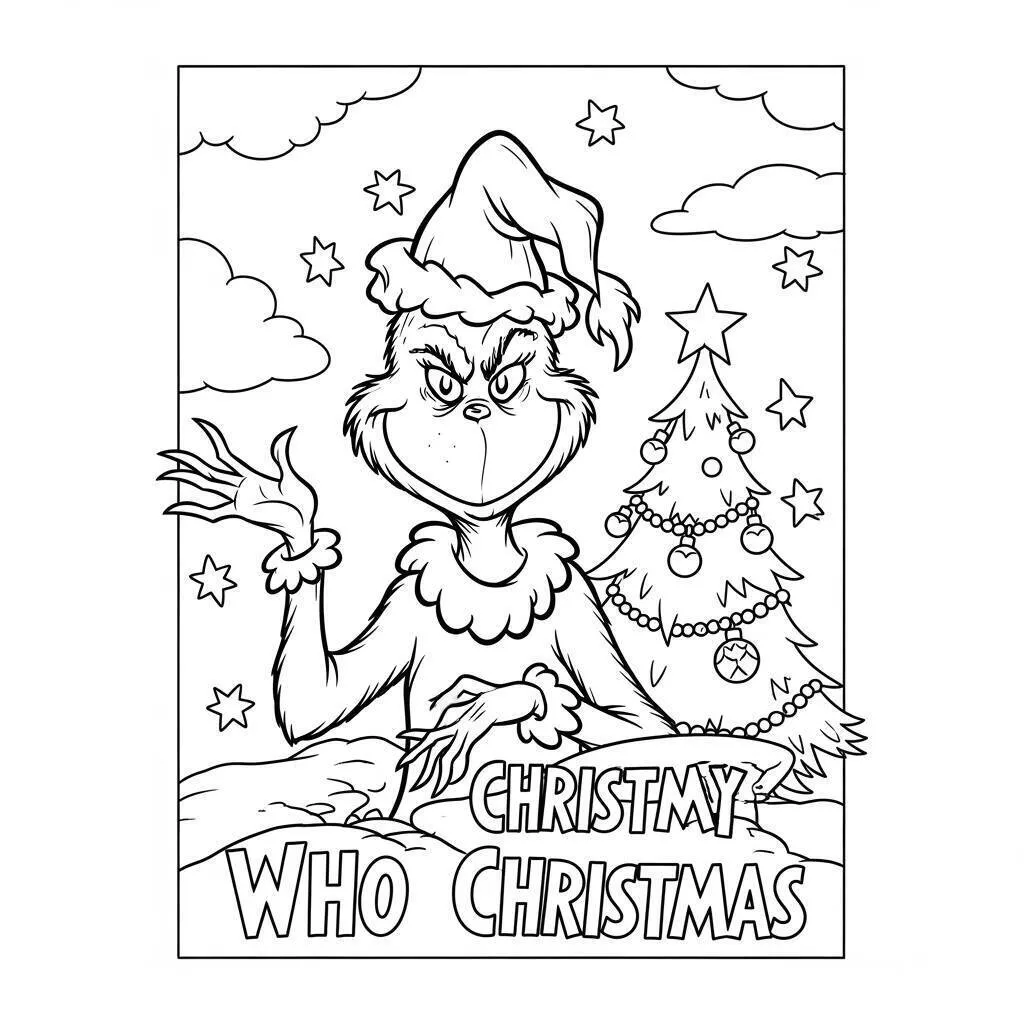 Desenho de Grinch com Árvore de Natal para Colorir