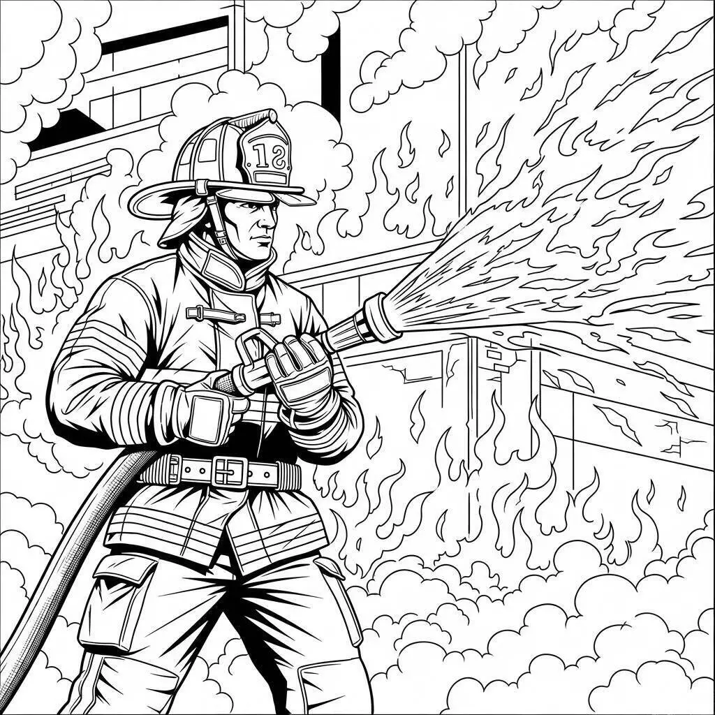 Desenho de Bombeiro Combatendo Incêndio para Colorir