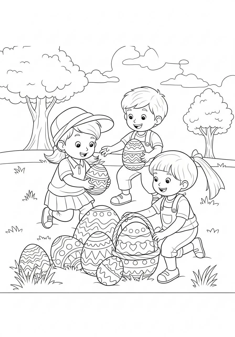 Desenho de Páscoa com Crianças e Ovos Decorados para Colorir