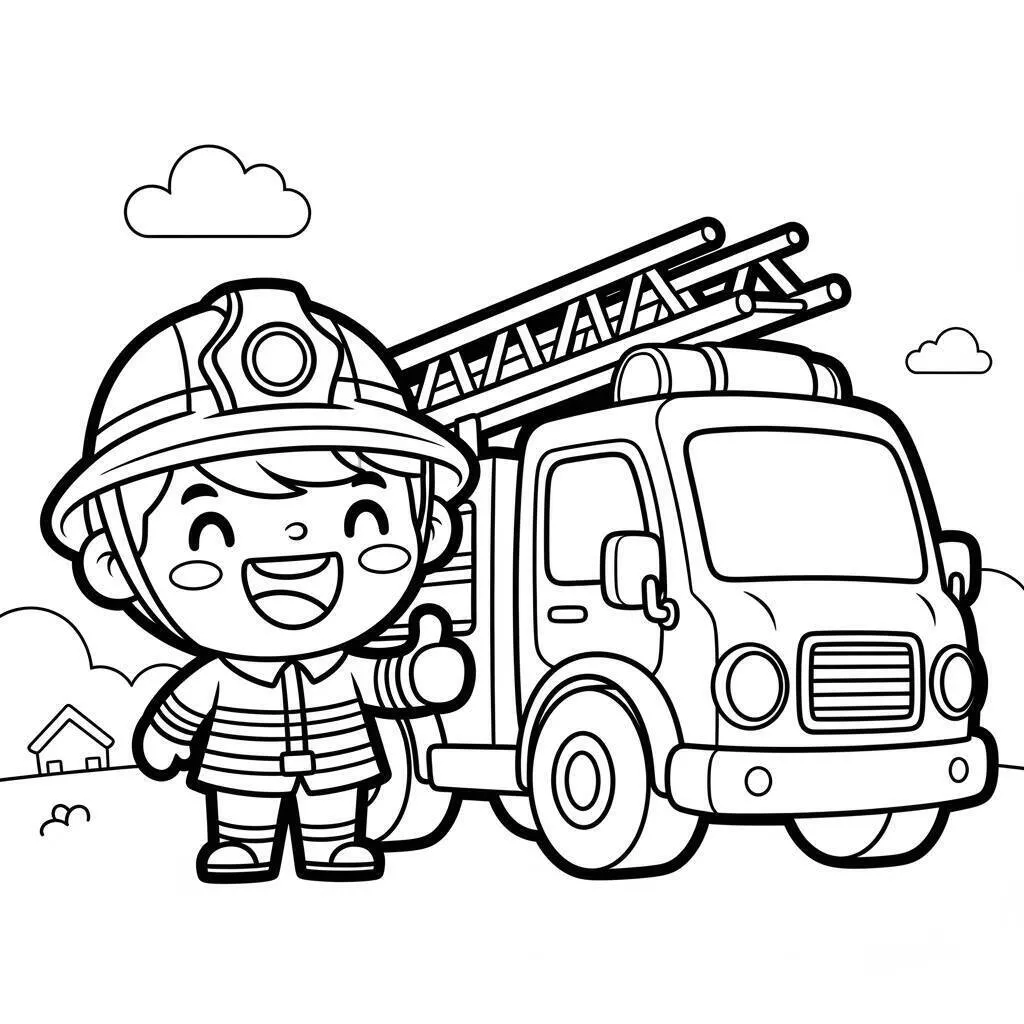 Desenho de Bombeiro com Caminhão para Colorir