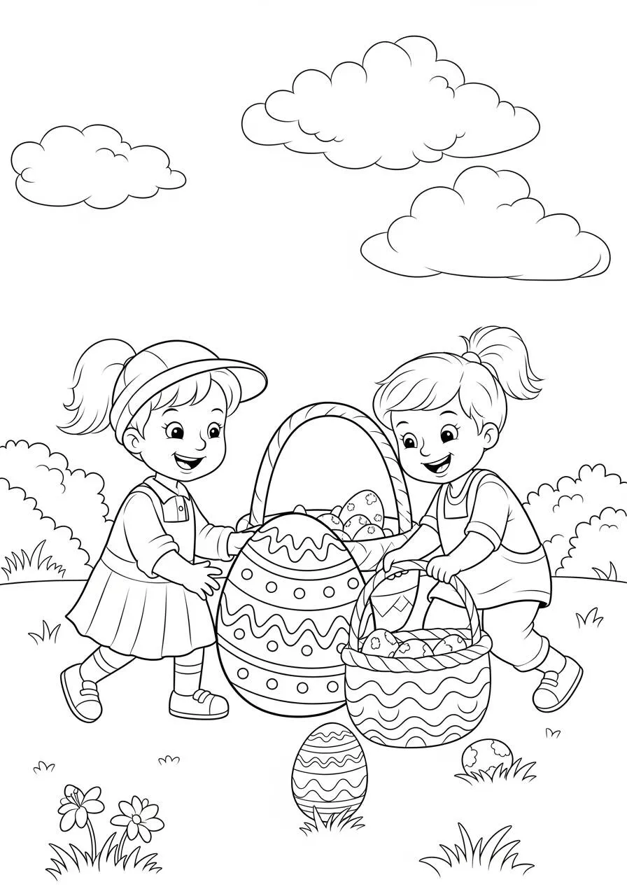 Desenho de Páscoa com Crianças e Cestos de Ovos para Colorir