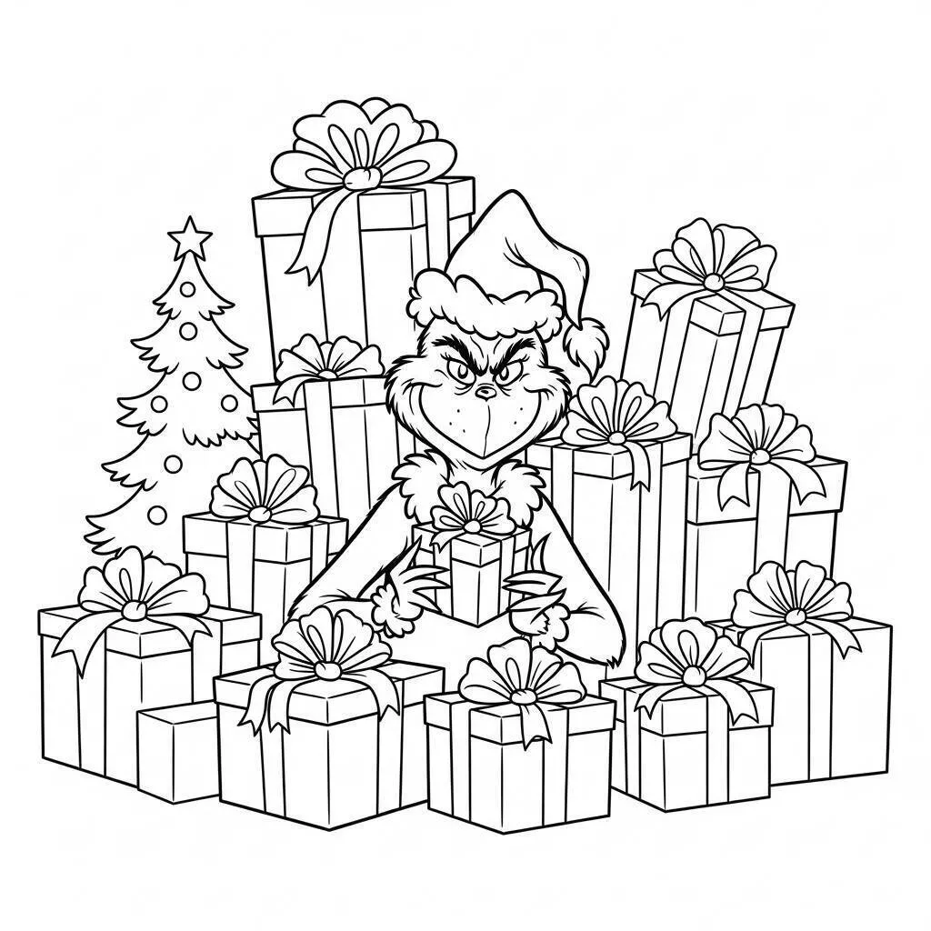 Desenho de Grinch com Presentes de Natal para Colorir