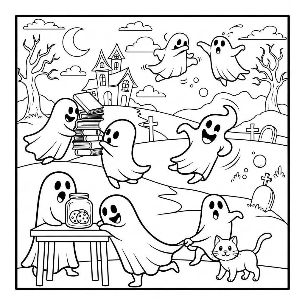 Dibujo de Víspera de Todos los Santos con Fantasmas y Gato para Colorear