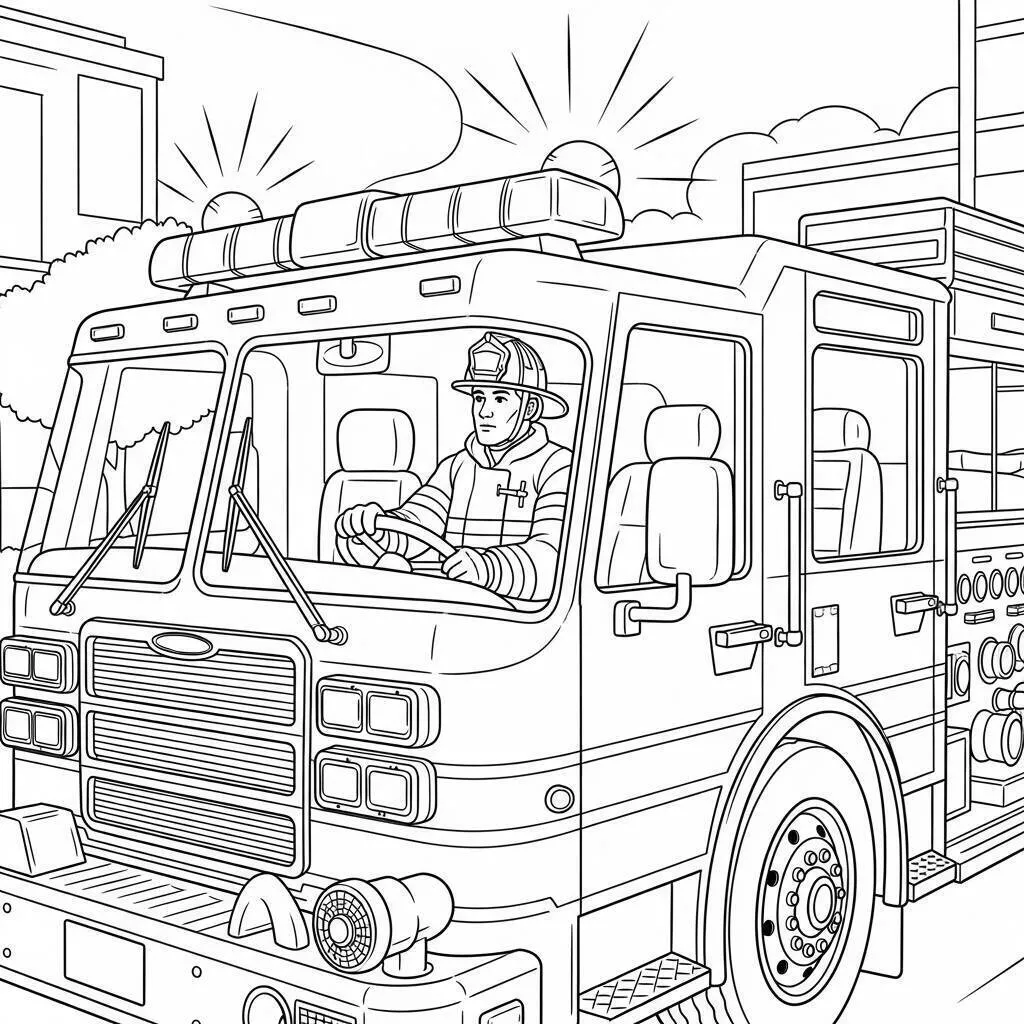 Desenho de Bombeiro Dirigindo Caminhão para Colorir