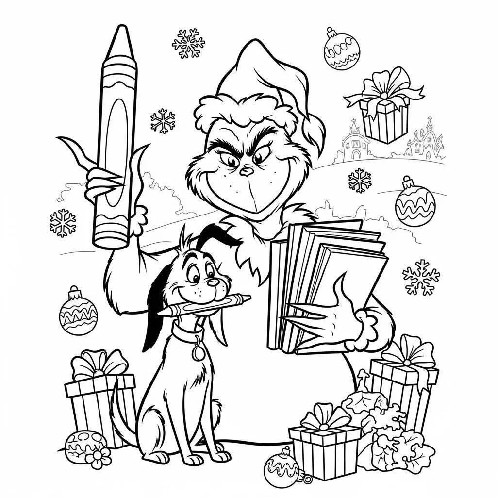 Desenho de Grinch e Max com Presentes para Colorir