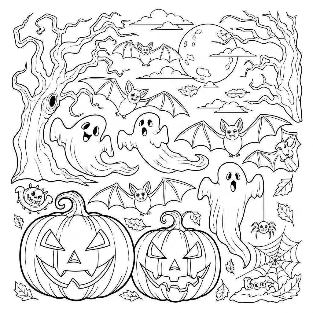 Dibujo de Víspera de Todos los Santos con Calabazas, Fantasmas y Murciélagos para Colorear