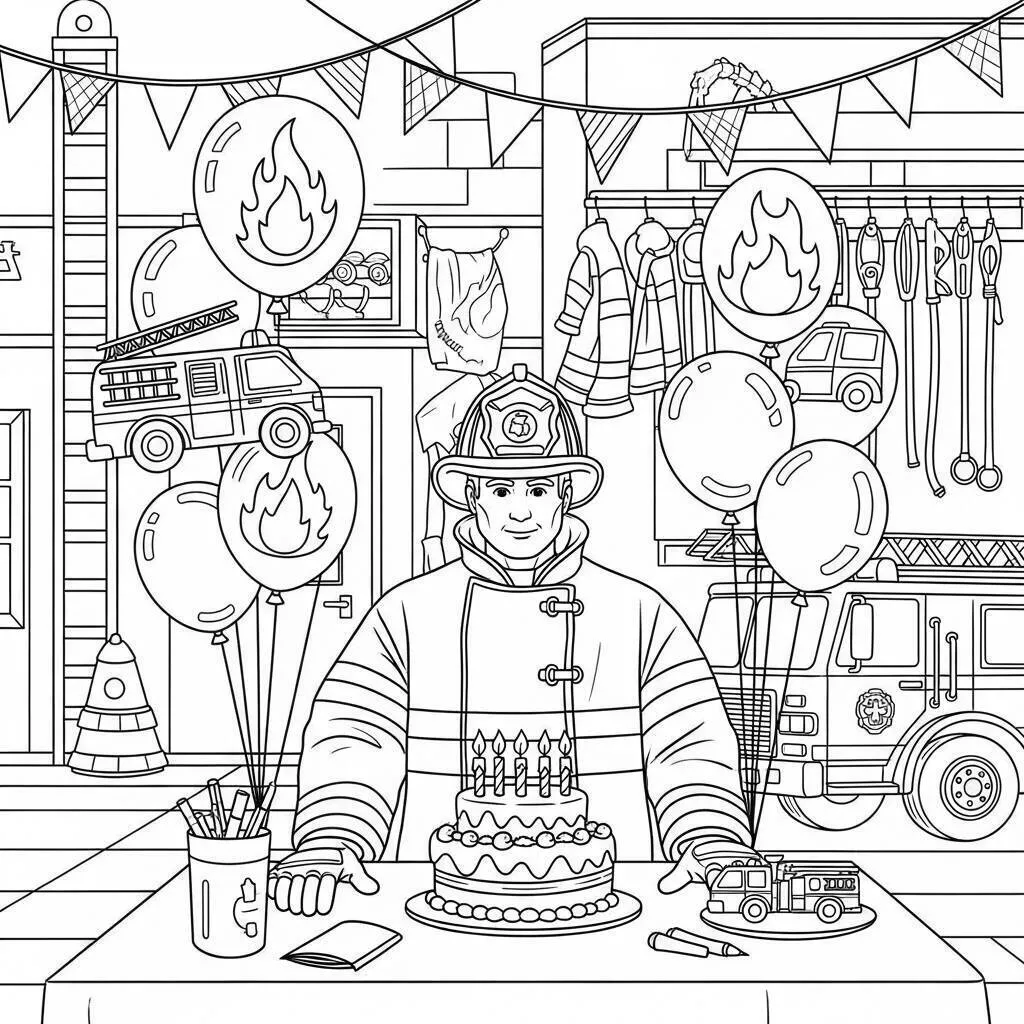 Desenho de Festa de Aniversário de Bombeiro para Colorir