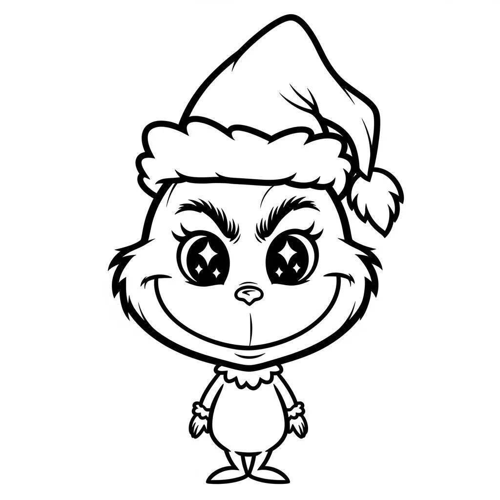 Desenho de Grinch Fofo com Chapéu de Natal para Colorir