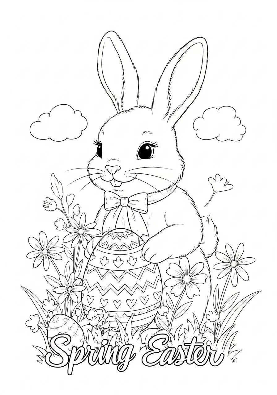 Desenho de Páscoa com Coelhinho e Ovo Decorado para Colorir