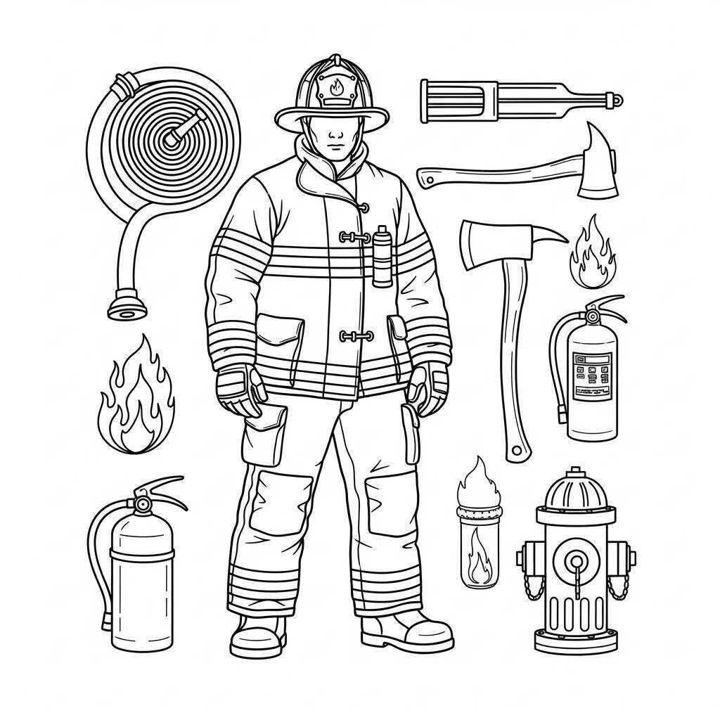 Desenho de Bombeiro com Equipamentos para Colorir