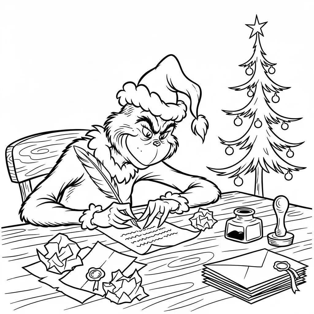 Desenho de Grinch Escrevendo Cartas de Natal para Colorir