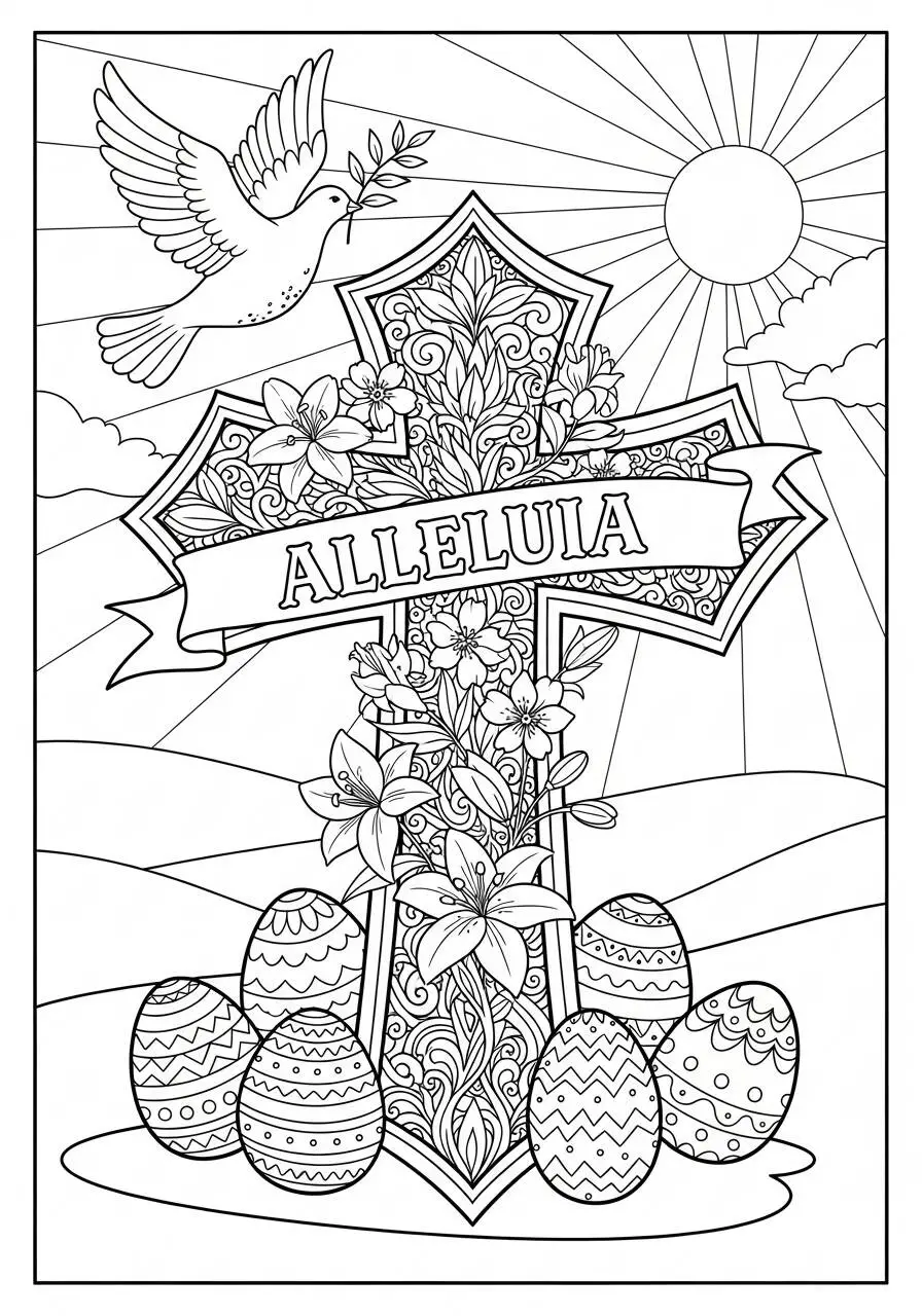Desenho de Páscoa com Cruz Decorada e Ovos para Colorir