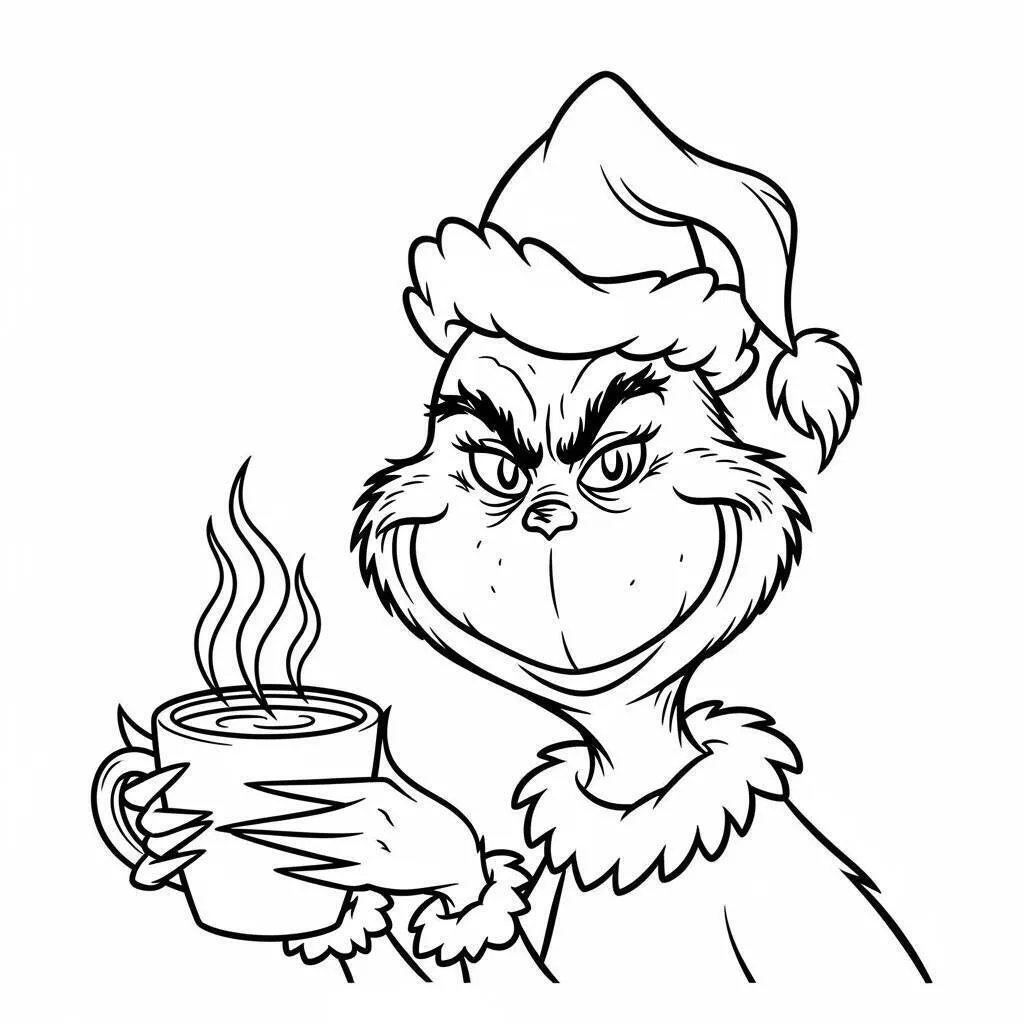 Desenho de Grinch com Caneca de Chocolate Quente para Colorir