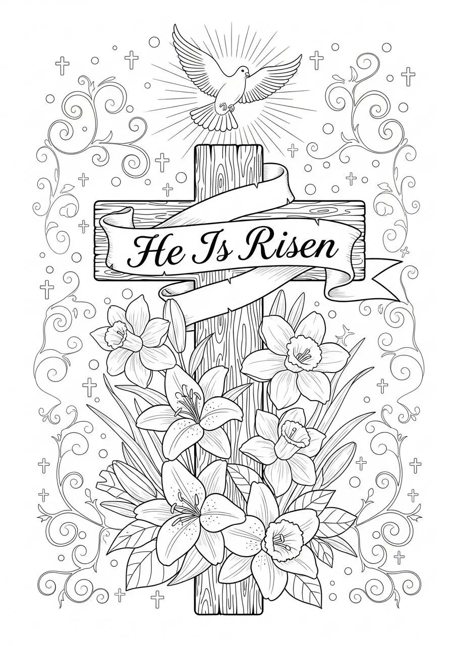 Desenho de Páscoa com Cruz e Flores para Colorir