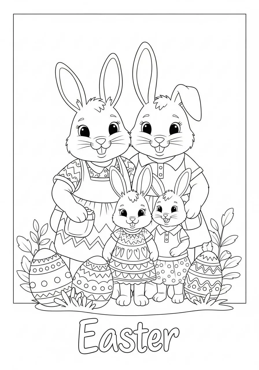 Desenho de Páscoa com Família de Coelhinhos para Colorir