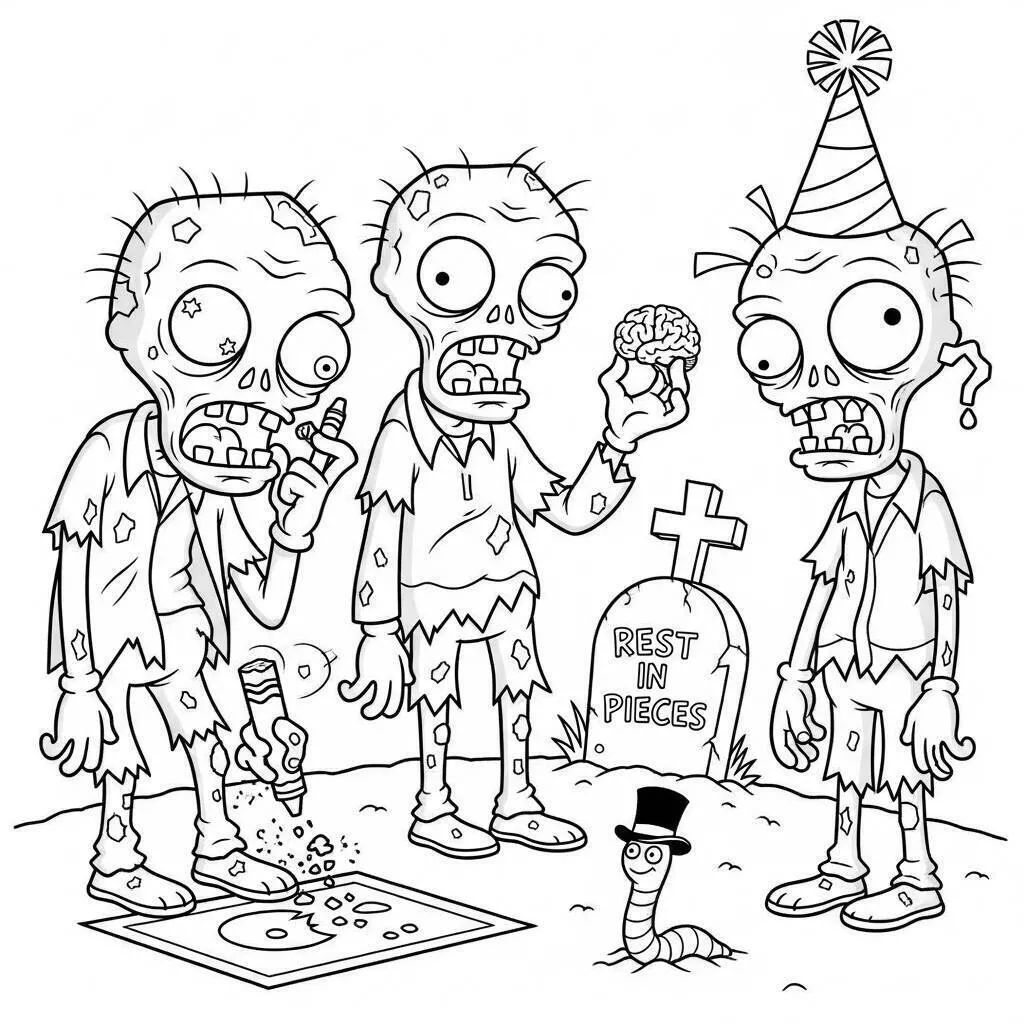 Dibujo de Víspera de Todos los Santos con Divertidos Zombis para Colorear