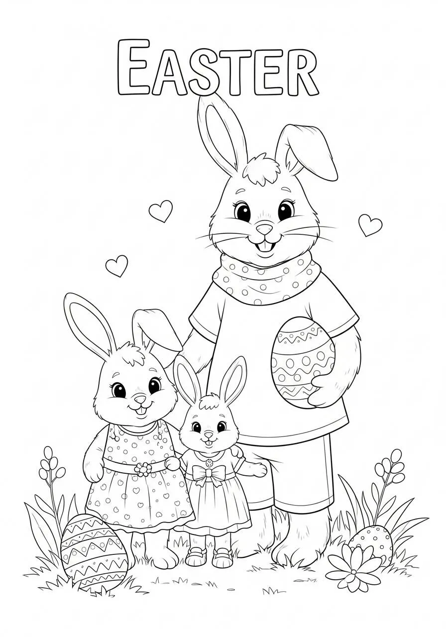 Desenho de Páscoa com Família de Coelhinhos e Ovos para Colorir