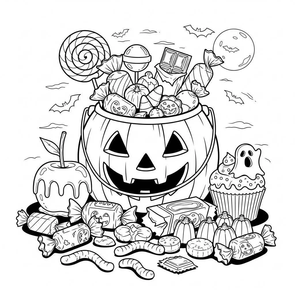 Página para colorear de Víspera de Todos los Santos con calabaza y dulces
