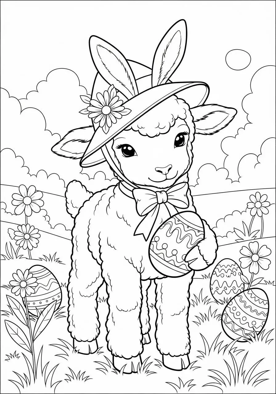 Easter Drawing with Lamb and Decorated Eggs to Color