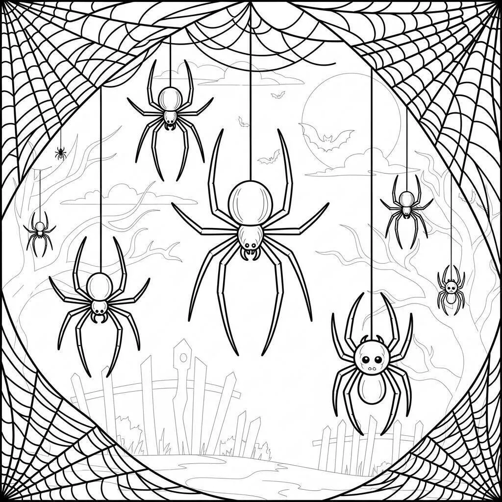Dibujo de Víspera de Todos los Santos con Arañas y Telarañas para Colorear