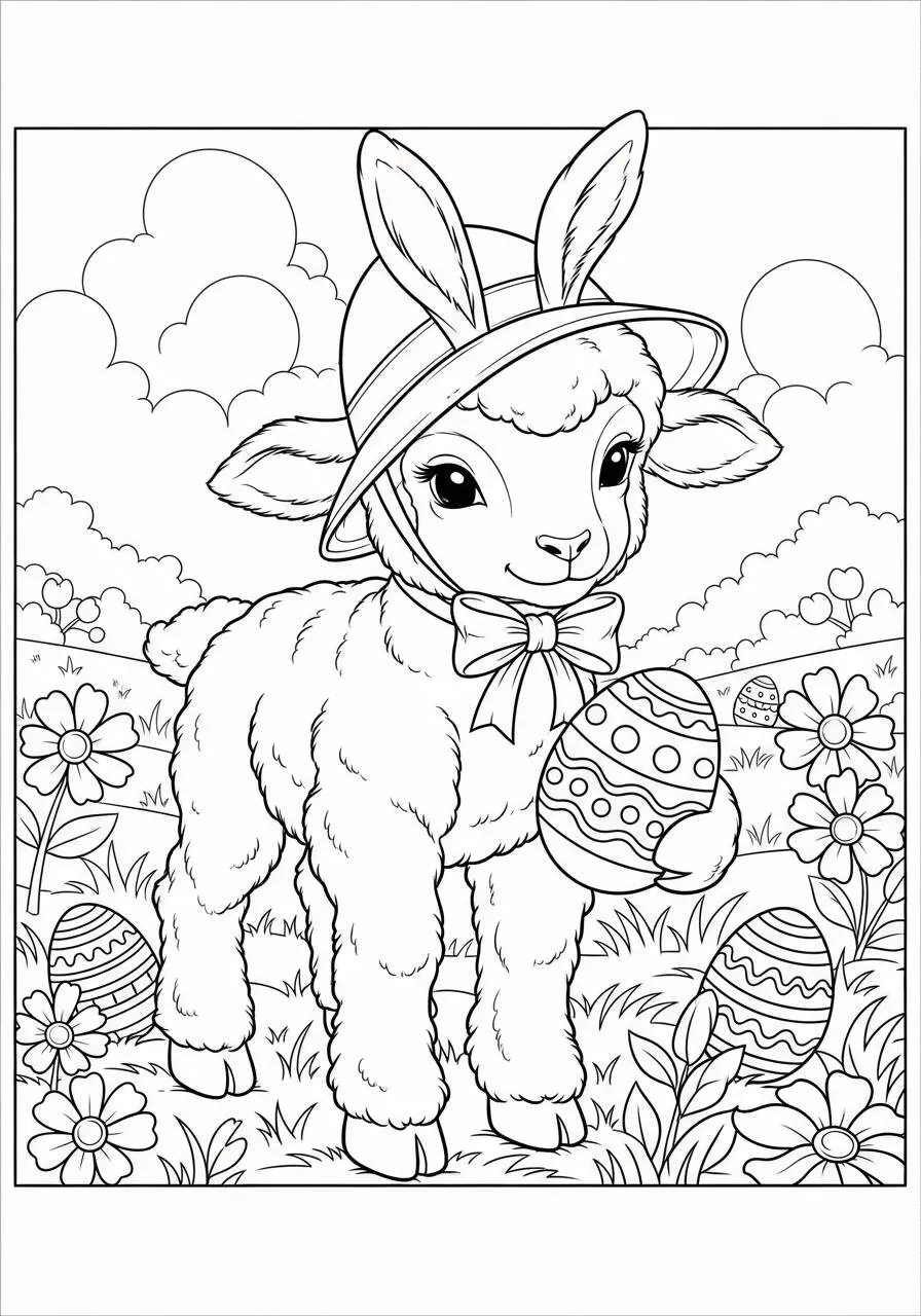 Easter Drawing with Lamb and Decorated Eggs to Color