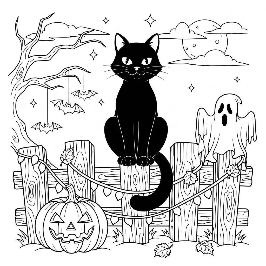 Página para colorear de Víspera de Todos los Santos con gato negro y calabaza