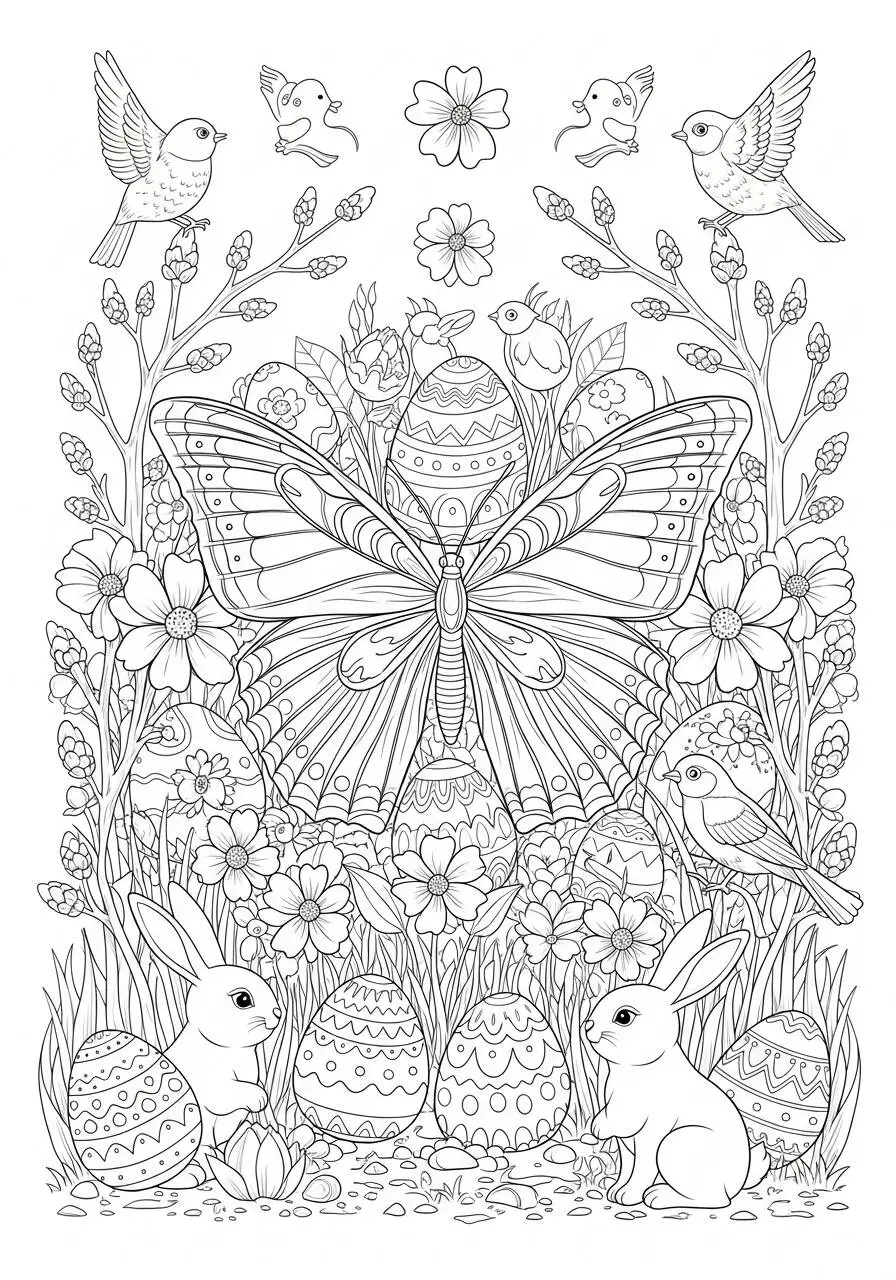 Easter Coloring Page with Butterfly and Bunnies