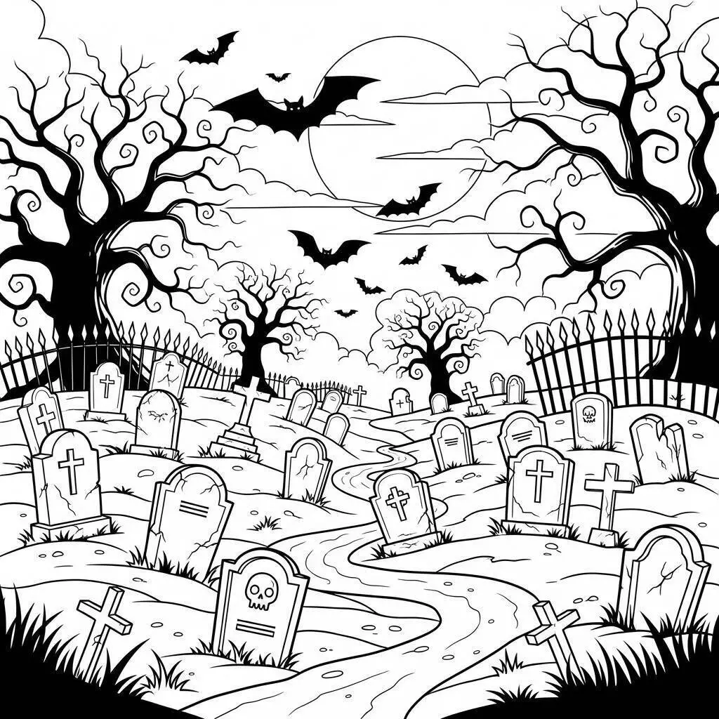 Página para colorear del cementerio encantado de Víspera de Todos los Santos