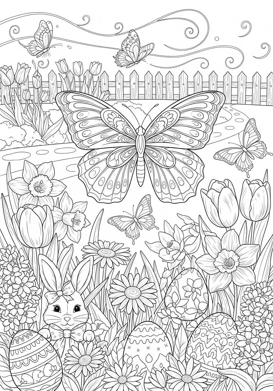Easter Coloring Page with Butterfly and Bunny