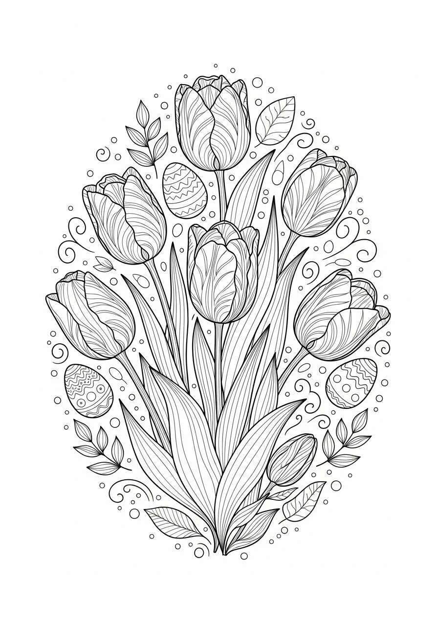 Easter Drawing with Tulips and Decorated Eggs to Color