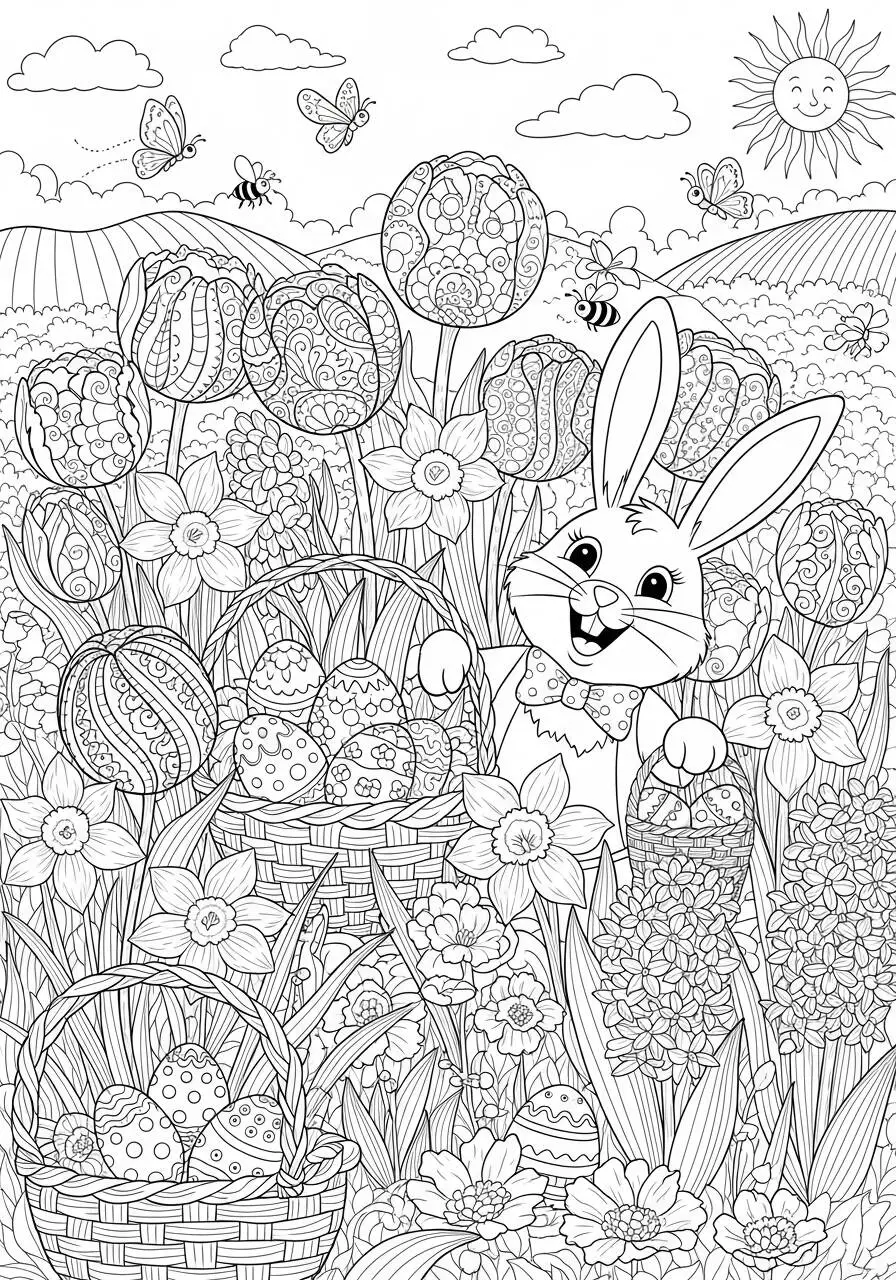 Easter Coloring Page with Bunny and Baskets of Eggs