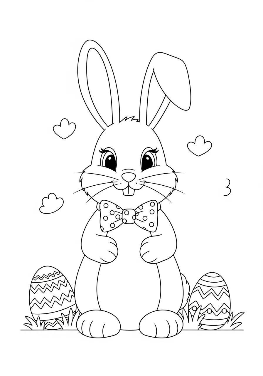 Easter Drawing with Bunny and Decorated Eggs to Color