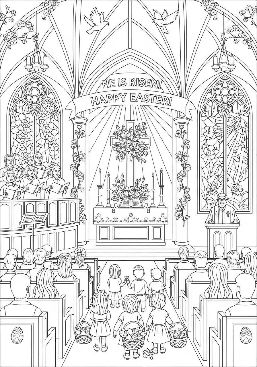 Desenho de Páscoa em Igreja para Colorir