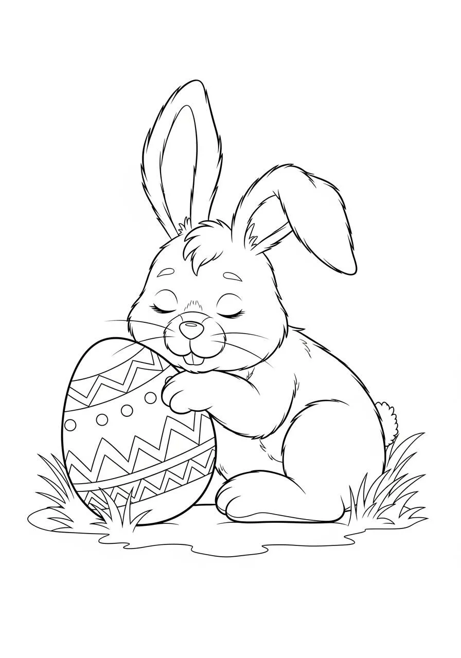 Easter Drawing with Bunny Hugging Decorated Egg to Color