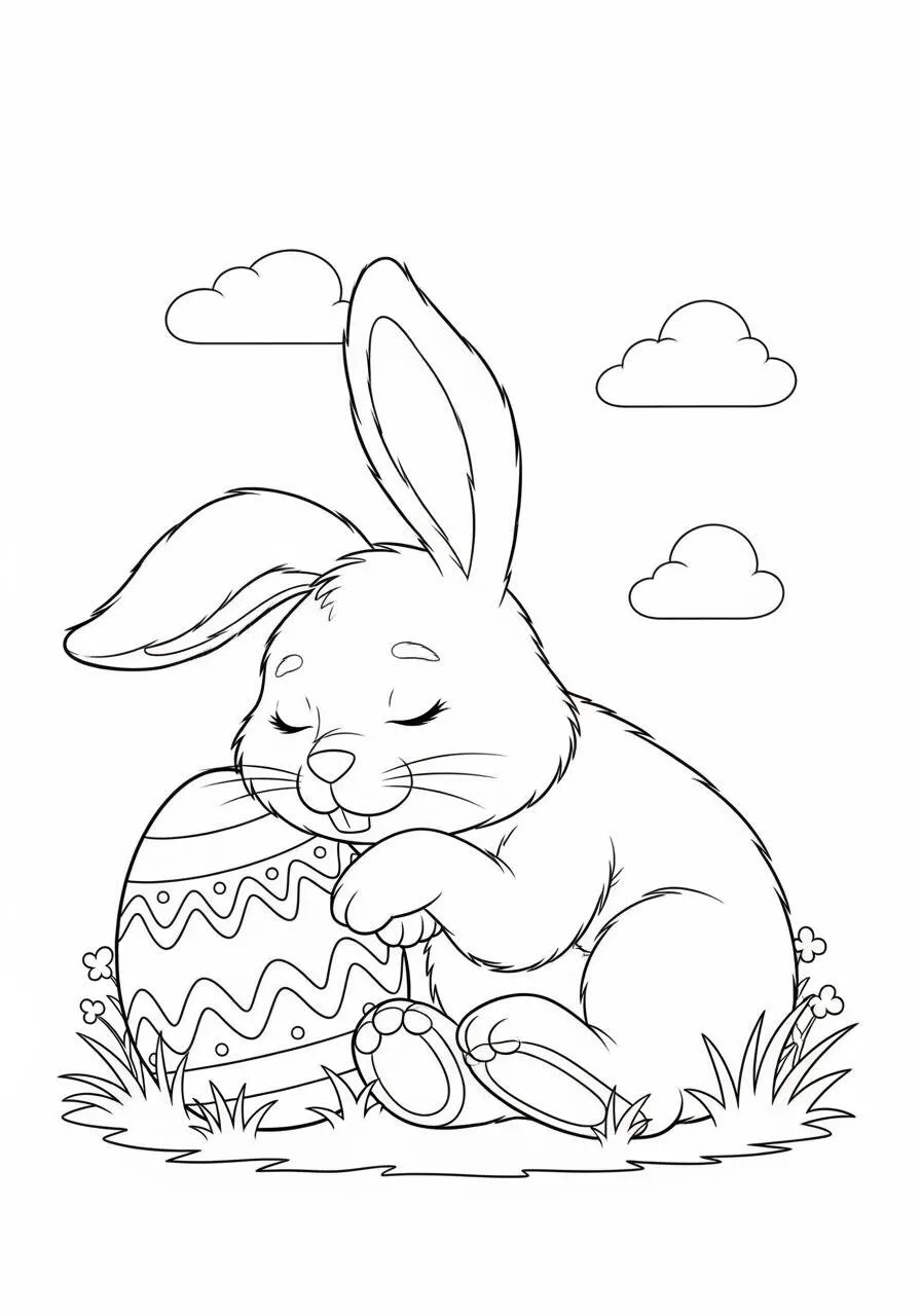 Desenho de Páscoa com Coelhinho Abraçando Ovo Decorado para Colorir