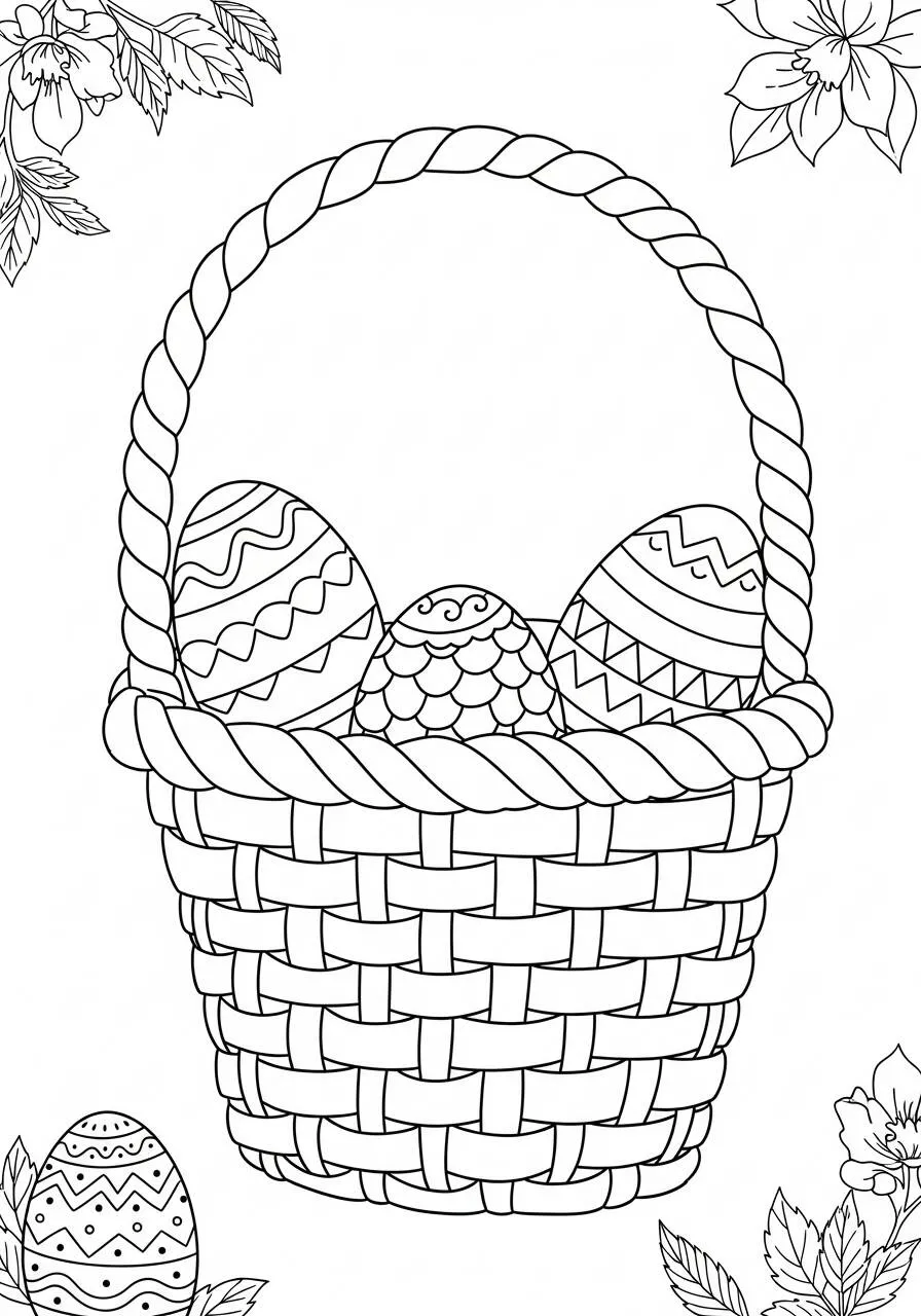 Desenho de Páscoa com Cesta de Ovos Decorados para Colorir
