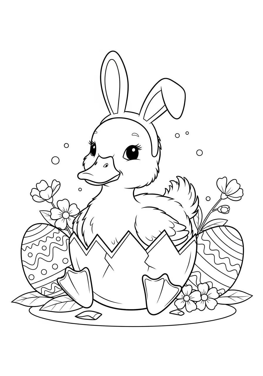 Easter Drawing with Duckling and Bunny Ears to Color