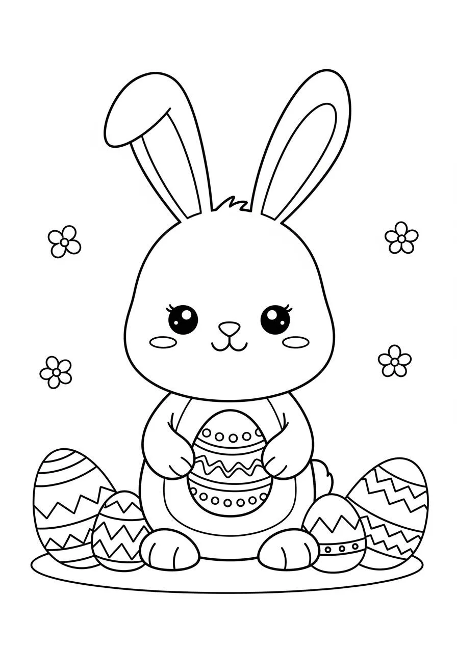 Easter Drawing with Bunny and Decorated Eggs to Color