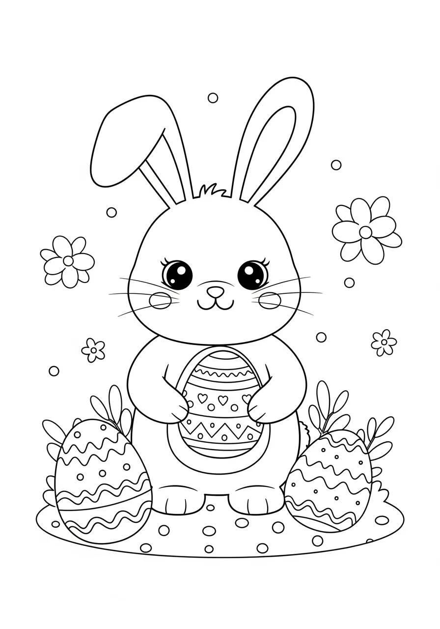 Easter Drawing with Bunny Holding Decorated Egg to Color