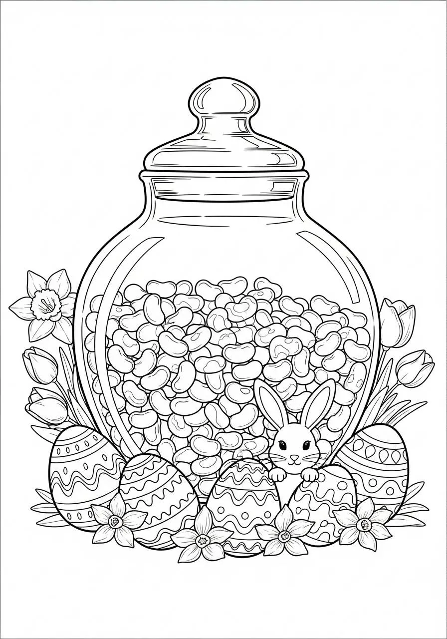 Easter Drawing with Jar of Candy and Decorated Eggs to Color