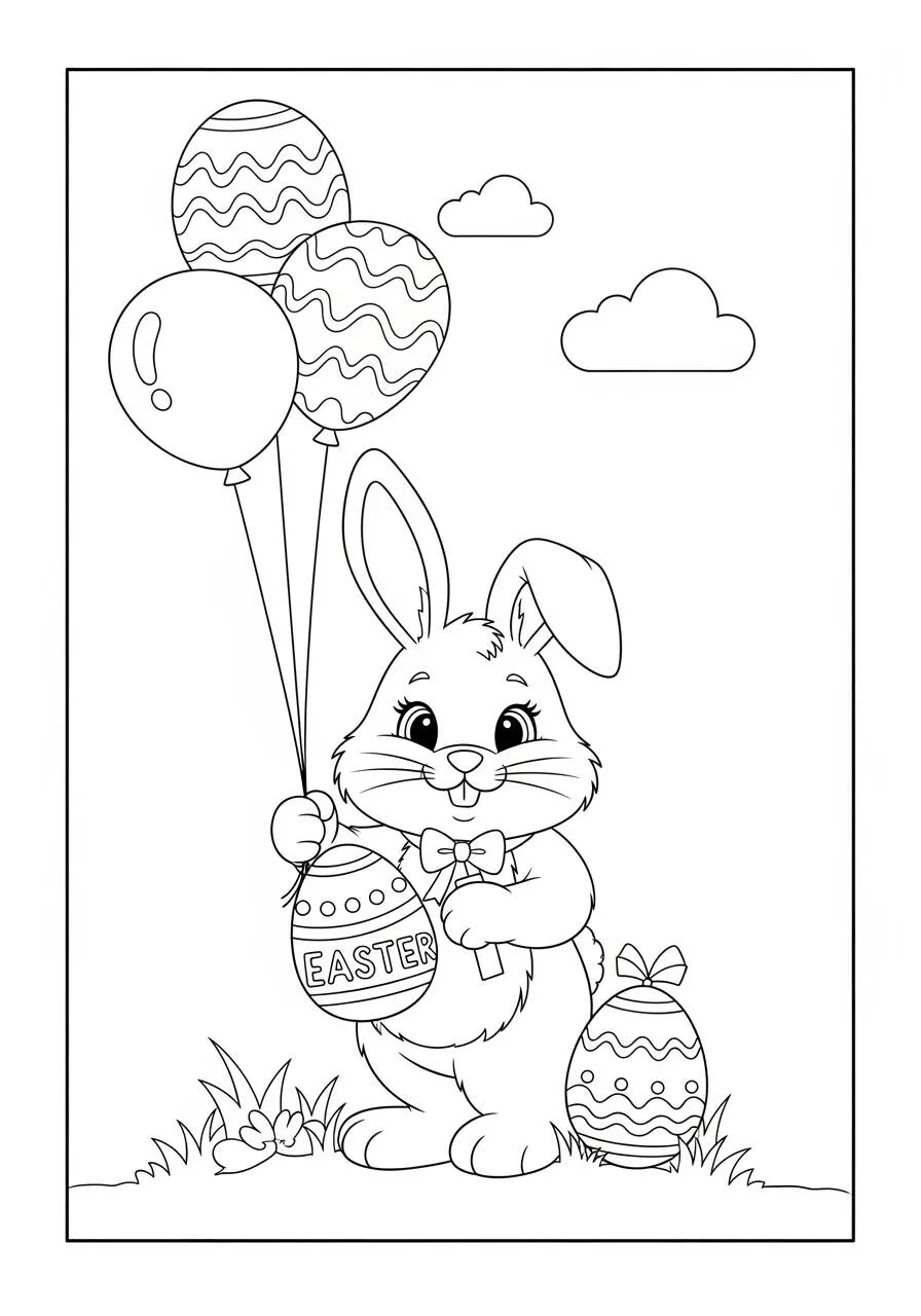 Easter Coloring Page with Bunny and Balloons