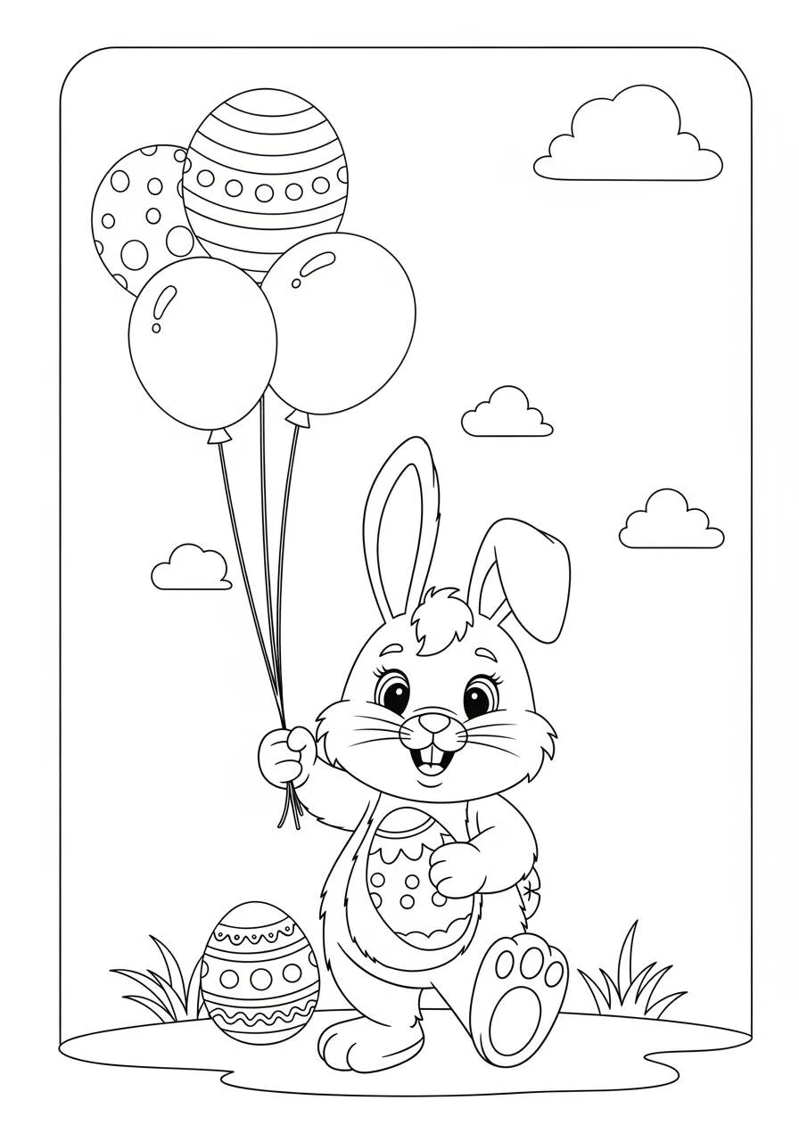 Desenho de Páscoa com Coelhinho e Balões para Colorir
