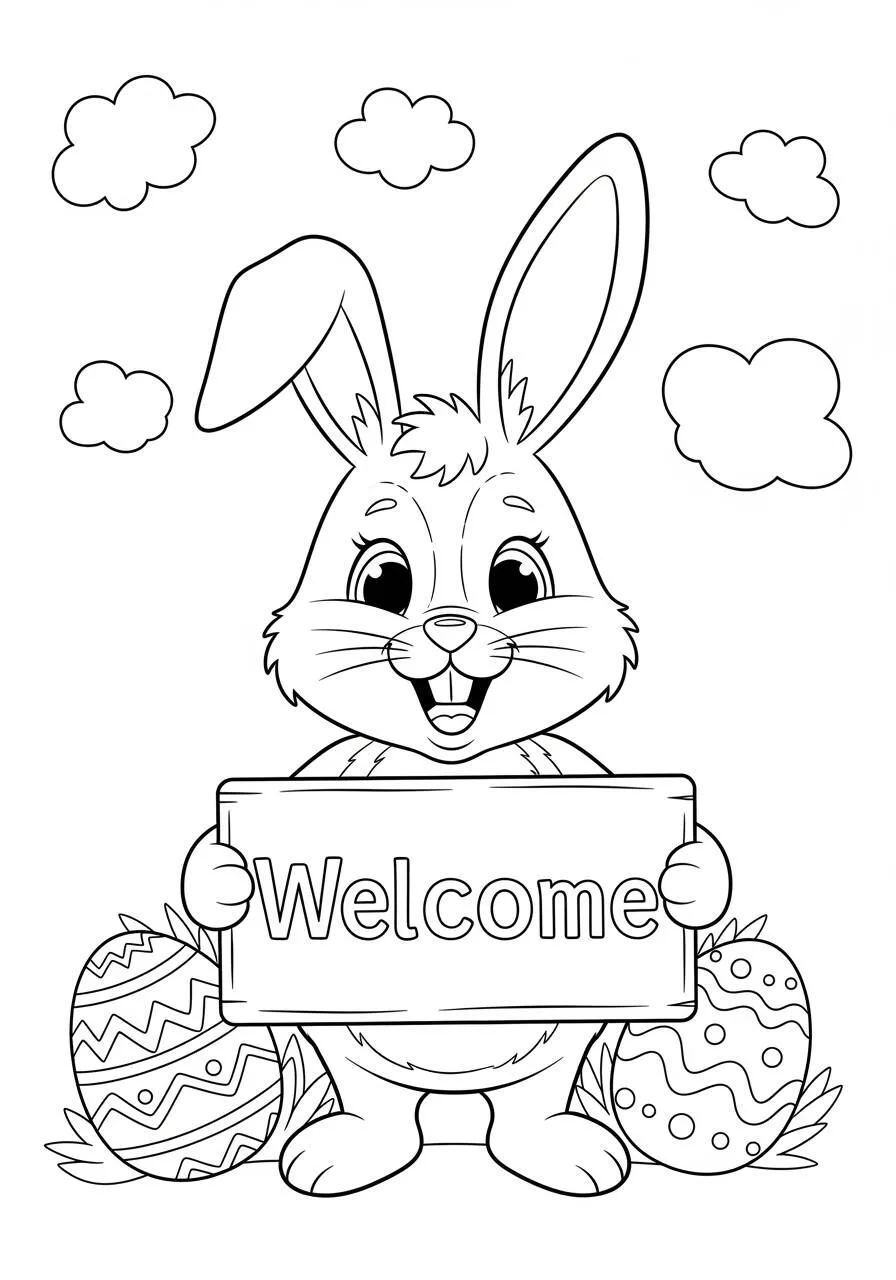 Desenho de Páscoa com Coelhinho e Placa de Boas Vindas para Colorir