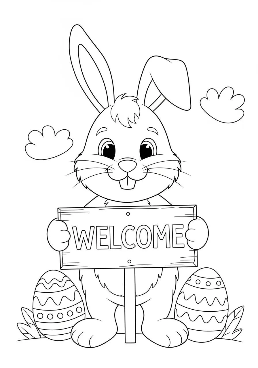 Desenho de Páscoa com Coelhinho e Placa de Boas Vindas para Colorir