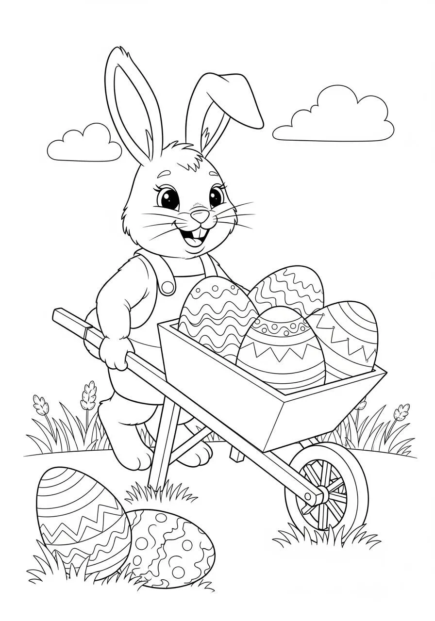 Desenho de Páscoa com Coelhinho e Carrinho de Ovos Decorados para Colorir