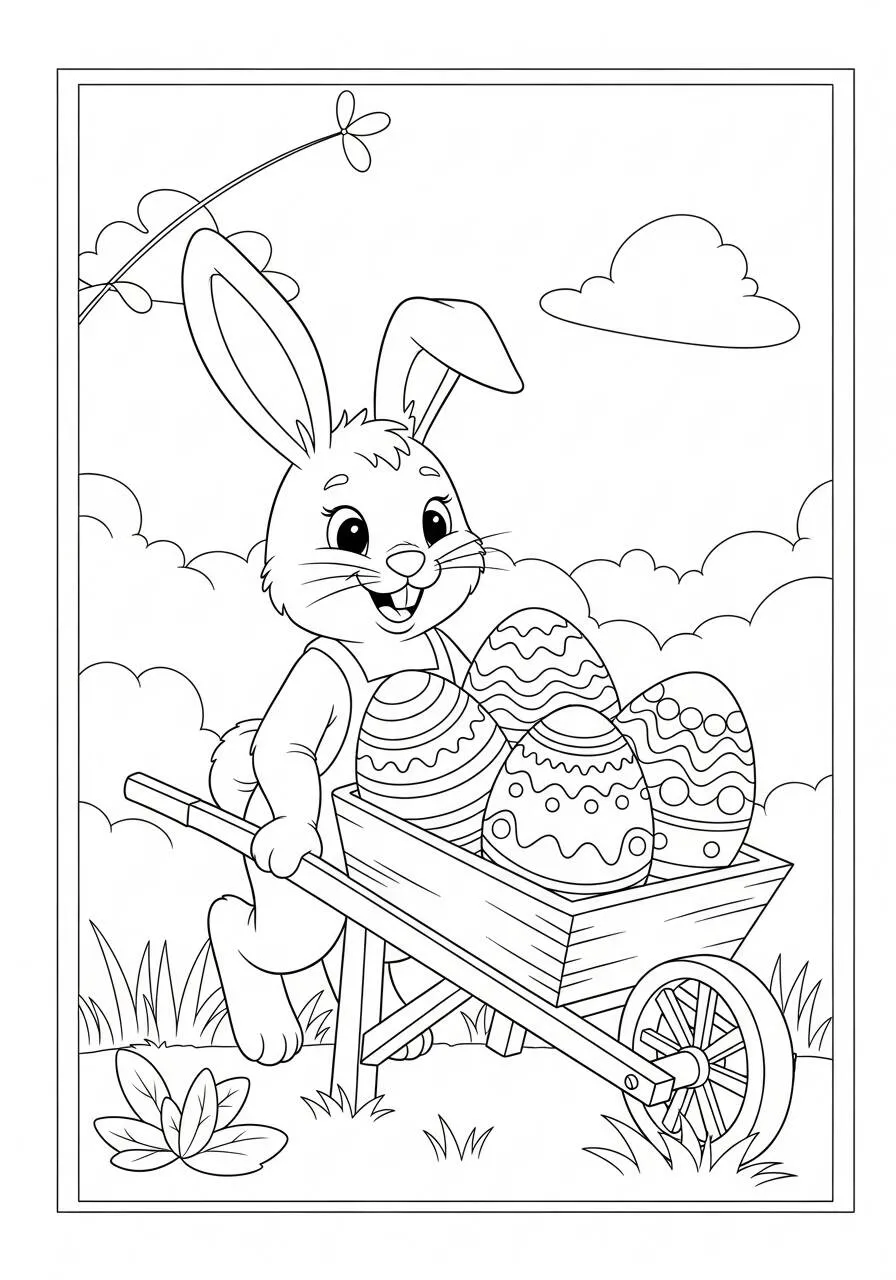 Desenho de Páscoa com Coelhinho e Carrinho de Ovos Decorados para Colorir