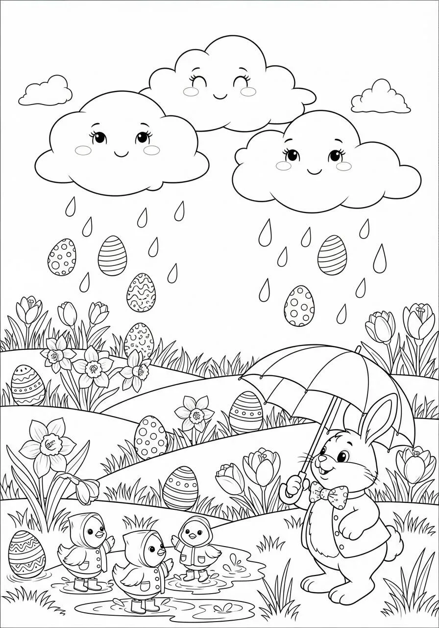 Desenho de Páscoa com Coelhinho e Ovos Decorados para Colorir